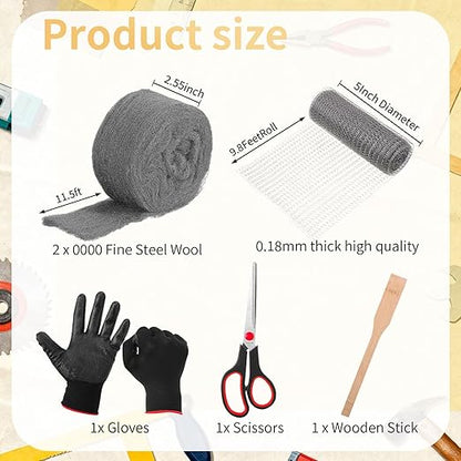 Steel Wool for Mice Control Mesh Rodent Control Kit 1 Pack Rustproof Mesh Roll and 0000 Steel Wool Mouse Hole Filler with Gloves, Scissors for House Garden Home Garage(5in X 9.8ft)