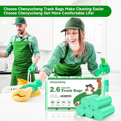 2.6 Gallon Small Biodegradable Trash Bag - Mini Kitchen Bathroom Garbage Bags Green Unscented Compostable 100 Count 10 Liter Waste Basket Liners Office Tiny Car Bulk Strong Thick Chenyucheng