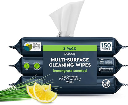 Puracy All Purpose Cleaning Wipes – Non Toxic Multi-Surface Cleaner & Appliance Wipes for Car, Bathroom, Kitchen – Lemongrass Scent (150 Count, 3 Pack)