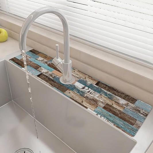 24" X 5.5" Kitchen Sink Splash Guard Faucet Mat Wood Grain Super Absorbent Fast Drying Faucet Guard & Draining Mat Sink Splash Guard Behind Faucet for Kitchen, Bathroom