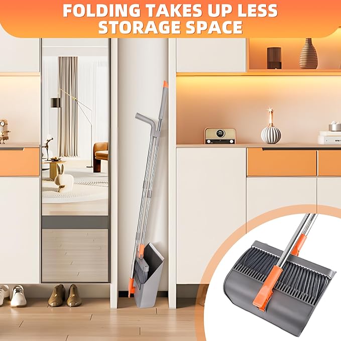 Broom and Dustpan Set, 51 inch Long Adjustable Handle Angle Broom and Dustpan Combo Set with Double Dustpan Teeth to Clean Hair for Home Kitchen Office Lobby Floor Garden, Orange&Grey