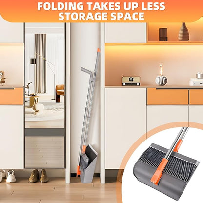 Broom and Dustpan Set, 51 inch Long Adjustable Handle Angle Broom and Dustpan Combo Set with Double Dustpan Teeth to Clean Hair for Home Kitchen Office Lobby Floor Garden, Orange&Grey