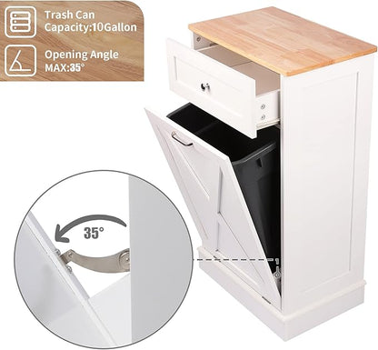 TOLEAD 10 Gallon Tilt Out Trash Can Cabinet Wooden Hidden Trash Cabinet with Solid Wood Top & Drawer, Farmhouse Kitchen Garbage Bin Enclosure Pet Proof Laundry Hamper for Kitchen, Bathroom White