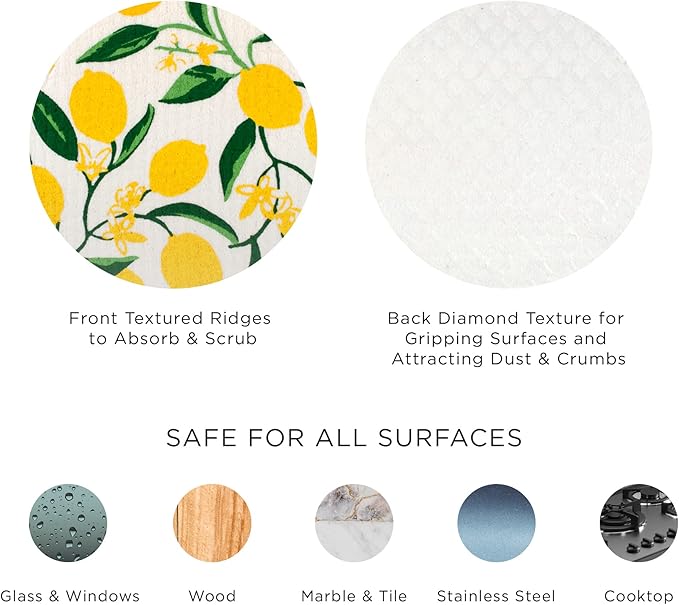 DII Swedish Dishcloths for Kitchen & Cleaning, Reusable, Machine Washable & Dishwasher Safe, Biodegradable, 7.75 x 6.75, Lemons, 3 Piece