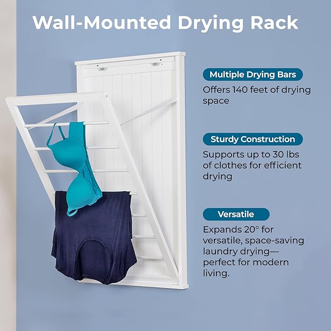 Honey-Can-Do Wall-Mounted Wooden Clothes Drying Rack with Drying Rod, Foldable Space-Saving Laundry Rack, Holds 30 lbs, Stylish White MDF Design for Laundry Room Bathroom, 23"W x 42"H