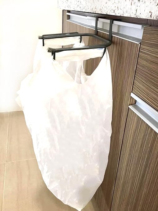 FitWell Over-The-Cabinet-Door Grocery Installation Plastic Recycling & Trash, Under Sink Garbage Bag Holder, Trash Bag Holder Rack for Recycled Reusable Disposable Grocery Bag (Industrial Gray)