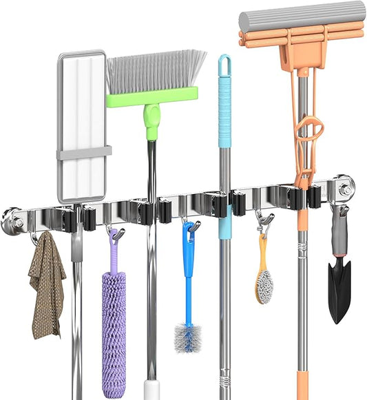 3-H Magnetic Broom Holder Wall Mount 1 Pack, 2-in-1 Dual Mount (No Drill or Screw Fix), 304 Stainless Steel Heavy Duty Magnet Mop Broom Organizer for Kitchen Garden Garage(4 Racks & 5 Hooks,Silver)