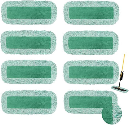 Dust Mop Pads for Rubbermaid Commercial Microfiber Dust Mop - 18 inch Mop Head Replacement with Fringe - Reusable Wet & Dry Cleaning Flat Mop System 18" 17" Refill for Multi-Surface Floor - 8 Pack