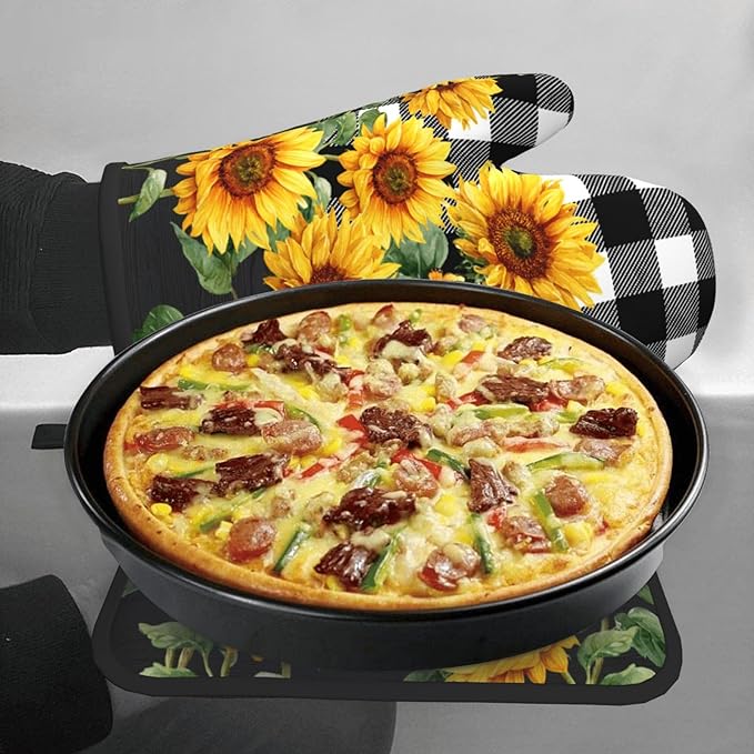 Sunflower Oven Mitts and Pot Holders Sets of 2 Buffalo Plaid Kitchen Mitts Farmhouse Hot Pads for Cooking Baking Grilling