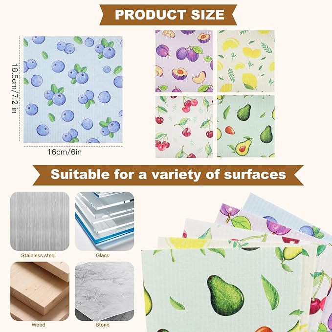 Ninsula Dish Cloths 5 Pack, Absorbent Cellulose Sponge Dishcloths for Kitchen, No Odor Biodegradable Reusable Kitchen Towels (Watercolor-Style Fruit Patterns)