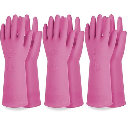DABOGOSA Reusable Waterproof Household Dishwashing Cleaning Rubber Gloves, Non-Slip Kitchen Glove (Pink, Small (Pack of 3))