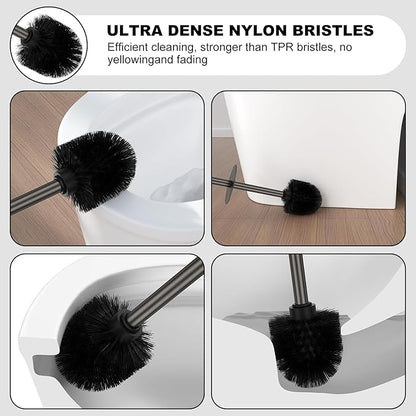 Pewter Toilet Brush and Holder Set，Stainless Steel Heavy Duty Toilet Bowl Brush，Extra Long Handled Modern Toilet Cleaner Brush with Replaceable Head, Removable Inner Bowl, and Splash Protection