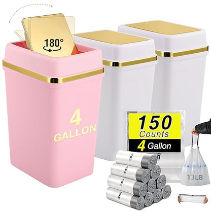 3 Pack Bathroom Trash Can with Lid 4 Gallon Small Trash Can with Swing Lid Bathroom Garbage Can with 150 Counts Trash Bags for Kitchen Bedroom Office(2 White 1 Pink)