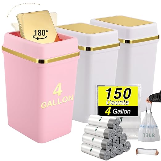 3 Pack Bathroom Trash Can with Lid 4 Gallon Small Trash Can with Swing Lid Bathroom Garbage Can with 150 Counts Trash Bags for Kitchen Bedroom Office(2 White 1 Pink)