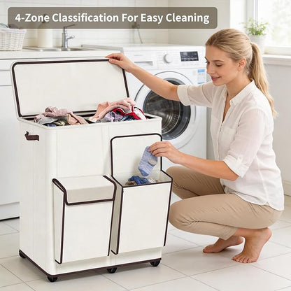 180L Large Dual Laundry Hamper With Lid And Wheels, Big Rolling Laundry Basket 2 Section Dirty Clothes Basket With 2 Side Pockets, Laundry Hanper With 2 Removable Bag For Laundry Room, Bedroom (White)