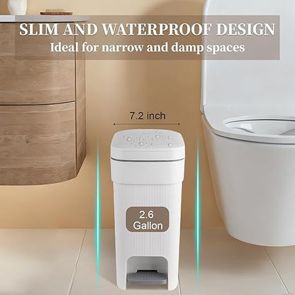 JiatuA Small Bathroom Trash Can with Lid Soft Close, 2.6 Gallon Step Garbage Can Slim Trash Bin Wastebasket for Kitchen Bedroom Office Living Room Toilet College Dorm, White