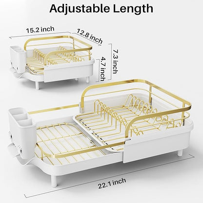 SNTD Dish Drying Rack, Expandable Dish Rack for Kitchen Counter, Stainless Steel Dish Drainer with Drainboard Set and Utensil Holder (Gold)