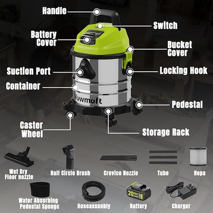 4 Gallon Cordless Shop Vac, Cordless Shop Vacuum Wet and Dry with 16 Kpa Strong Suction & Blower, Portable Shop Vacuum, Battery Powered Shop Vac for Car, Home and Garage, CVC2015