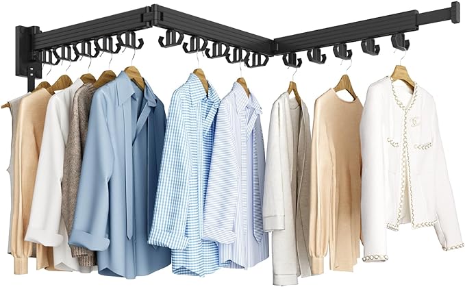 Kelisiting Clothes Drying Rack, Wall Mounted Laundry Drying Rack, Upgrade 3-Fold Foldable Collapsible Retractable Clothing Drying Rack with 12 Dual Hooks Organization for Laundry Room Indoor- Black