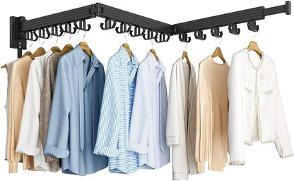 Kelisiting Clothes Drying Rack, Wall Mounted Laundry Drying Rack, Upgrade 3-Fold Foldable Collapsible Retractable Clothing Drying Rack with 12 Dual Hooks Organization for Laundry Room Indoor- Black