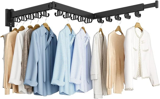 Kelisiting Clothes Drying Rack, Wall Mounted Laundry Drying Rack, Upgrade 3-Fold Foldable Collapsible Retractable Clothing Drying Rack with 12 Dual Hooks Organization for Laundry Room Indoor- Black