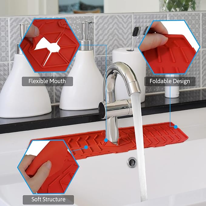 Silicone Faucet Handle Drip Catcher Tray, Faucet Mat for Kitchen Sink Splash Guard Behind Faucet for or Bathroom Farmhouse Bar Countertop RV(Red), 14.6x5.9x0.2