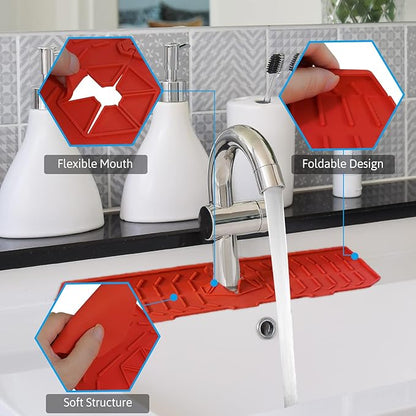 Silicone Faucet Handle Drip Catcher Tray, Faucet Mat for Kitchen Sink Splash Guard Behind Faucet for or Bathroom Farmhouse Bar Countertop RV(Red), 14.6x5.9x0.2
