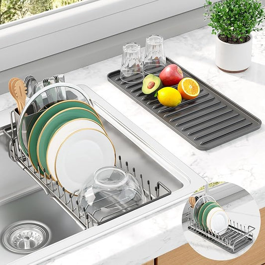 Kitsure Dish Drying Rack - Expandable Dish Rack for Kitchen Counter, Over Sink Or in Sink, Space-Saving Plates Dryer with Cutlery Holder & Drip Tray, 14.0"-20.9" L x 6.3" W x 8.0" H, Sliver