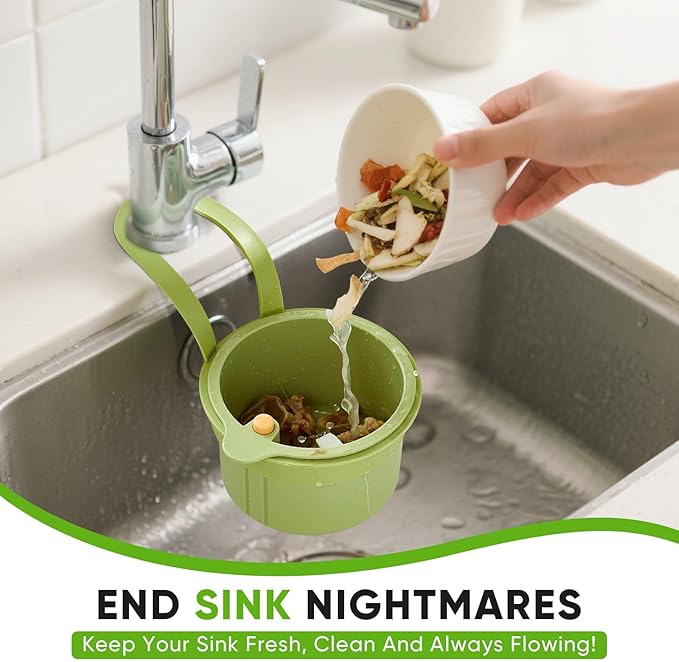 Hanging Food Waste Catcher for Sink, Sink Strainer Basket with Press Dumping, Self-Cleaning Design – Food Strainer for Sink, Faucet-Mounted Trash Catcher for Kitchen (Green)