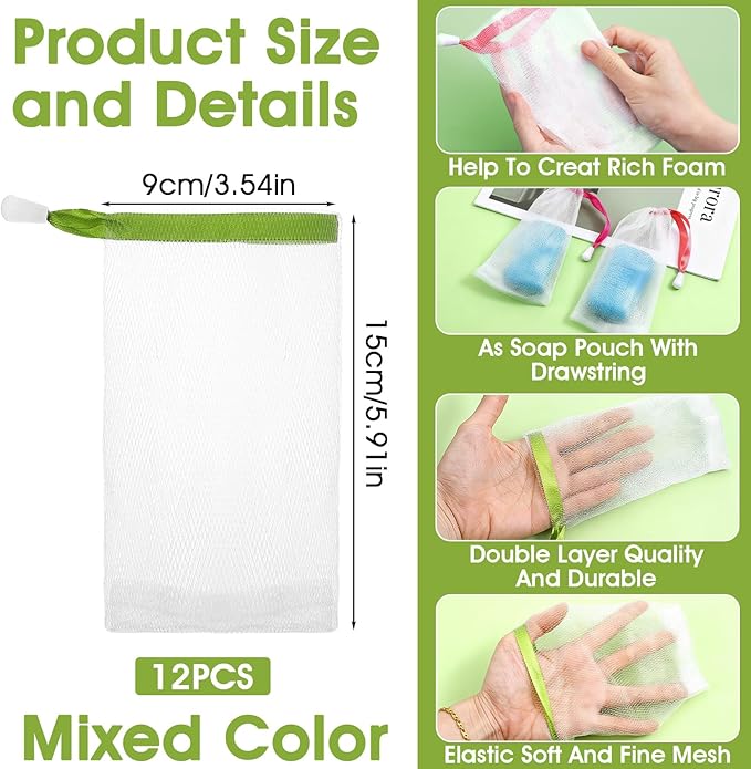 12 Pcs Soap Bag, Mesh Soap Saver Bag with Drawstring Foam Net Bar Soaps Pouch Soaps Net Soaping Packaging Bath Accessories for Soaping Bars Shower Washing Body Bath Gym Travel (White)