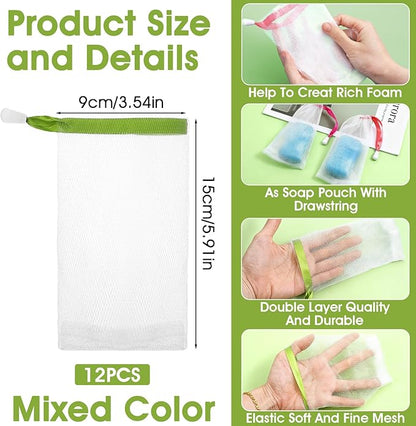 12 Pcs Soap Bag, Mesh Soap Saver Bag with Drawstring Foam Net Bar Soaps Pouch Soaps Net Soaping Packaging Bath Accessories for Soaping Bars Shower Washing Body Bath Gym Travel (White)