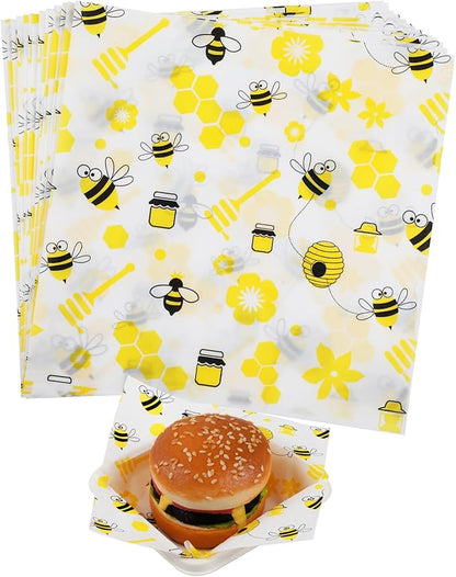 GeeRic 100 Pcs Wax Paper Sheets for Food, 7 * 7 Inch Bee Day Wax Paper Sandwich Wrap Deli Wraps, Oil-Proof Picnic Basket Liners with Bee Pattern for Memorial Day