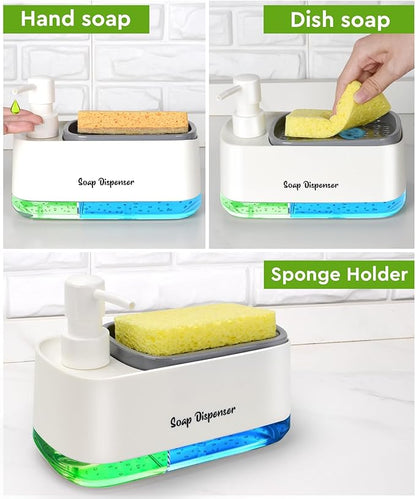 5-in-1 Kitchen Soap Dispenser Set with Sponge Holder - Dual Hand & Dish Soap Pump Dispenser for Sink Countertop with 2-Packs Natural Loofah Dish Sponge Dishwashing Scrubber,White
