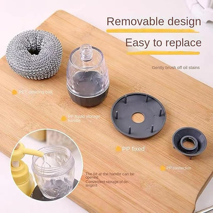 Soap Dispensing Dish Brush with Replaceable Nylon Balls, Comfort Grip Handle for Kitchen Scrub - Built-in Soap Dispenser for Cleaning Dishes, Pots, Pans, Sinks & Bathtubs (1+5pcsballs)