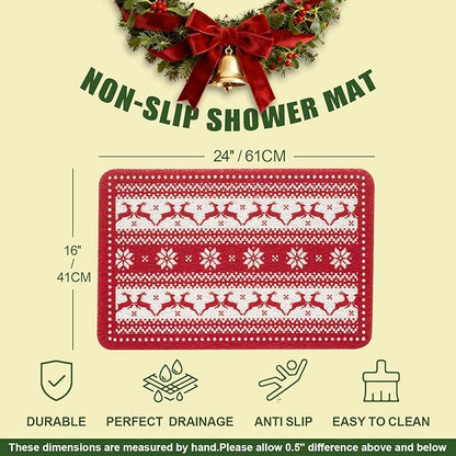 Hargiis Christmas Non-Slip Bathtub Mat, Anti Slip Shower Mat, Fast Drying Bathtub Mats, Foot Scrubber Mat, Anti Slip Mat for Tub, Floor, Bathroom, Kitchen, Home, Hotel (Reindeer Snowflake, 24"x16")