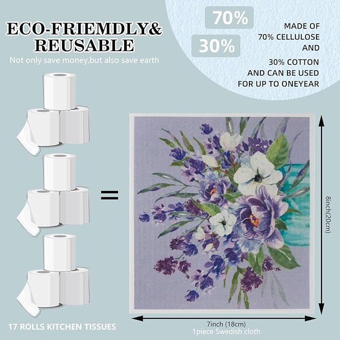 Swedish Kitchen Dish Cloths - 6 Pack Reusable Paper Towels for Counters & Dishes - Eco Friendly Cellulose Sponge Cloth (Flower)