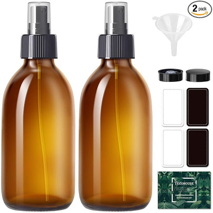 Tecohouse Amber Glass Spray Bottles 8.8 oz, 2 Pack Empty Spray Bottle for Essential Oils, Small Glass Bottles for Cleaning Solutions, Plants, Hair with Durable Nozzle, Labels, Funnel