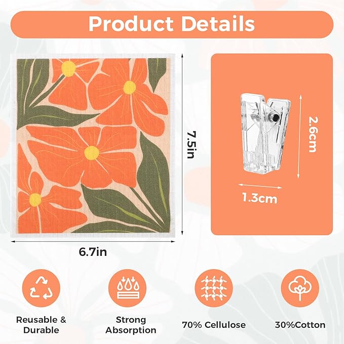 Needbrock 6 Pack Swedish Dishcloths for Kitchen,Abstract Floral Dish Towels with Clips, Reusable Paper Towels Washable Absorbent Cellulose Sponge Cloths No Odor for Cleaning Home Kitchen
