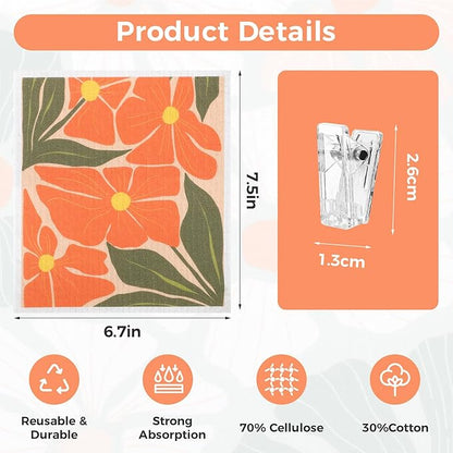 Needbrock 6 Pack Swedish Dishcloths for Kitchen,Abstract Floral Dish Towels with Clips, Reusable Paper Towels Washable Absorbent Cellulose Sponge Cloths No Odor for Cleaning Home Kitchen
