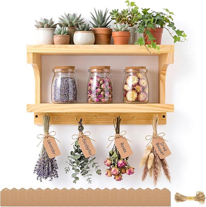 Herb Drying Rack Hanging 3 Tier Wood Flower and Herb Drying Rack Wall Mounted Herbs Dryer Kit with Hooks Labels and Twine for Grass Display Kitchen Garden Home Decor