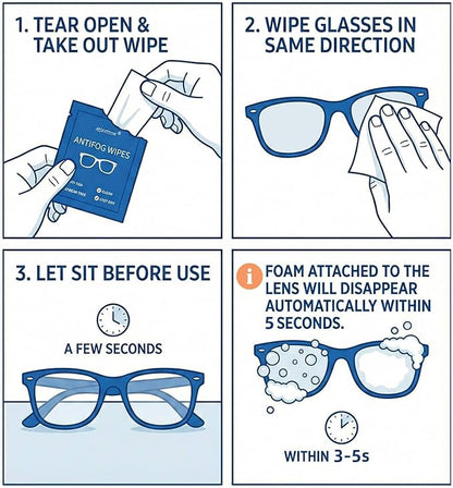 Anti-Fog Wipes for Glasses – Eye Glasses Cleaner Wipes, 100 Pack, Individually Wrapped, Pre-Moistened, Quick-Dry, Scratch-Free for Goggles, Camera, Watch, Lens, Laptop, Phone Screens