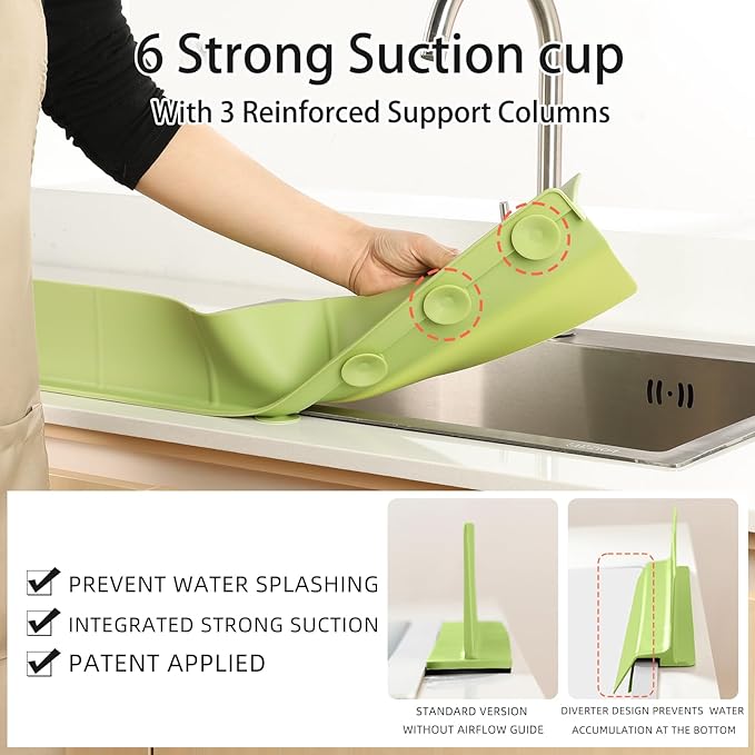 18" Upgraded Silicone Sink Splash Guard Released in 2026,Self-Draining Water Splash Guard for Kitchen Sink,Bathroom and Kitchen Island,with 3.5" High Splash Guard & 6 Strong Suction Cup (Green)