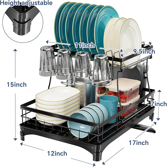 Simple Trending Dish Drying Rack, Stainless Steel Dish Racks for Kitchen Counter, Large Capacity 2-Tier Dish Drainer Organizer with Utensil Holder, Black