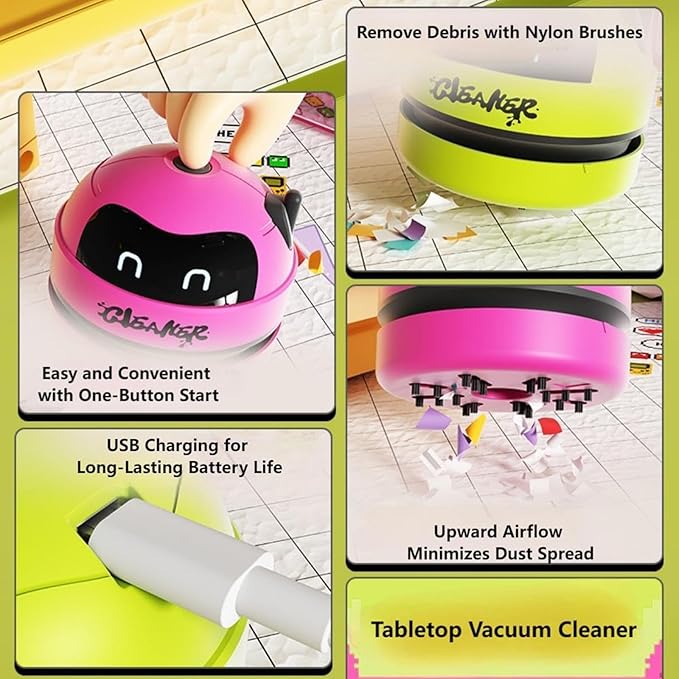 Desktop Vacuum Cleaner, Robot Design USB Rechargeable Cordless Mini Vacuum with 3-Speed Adjustment, LED Display & Detachable Nozzle for Home, Office, Car, Keyboard and Desk Cleaning,Green