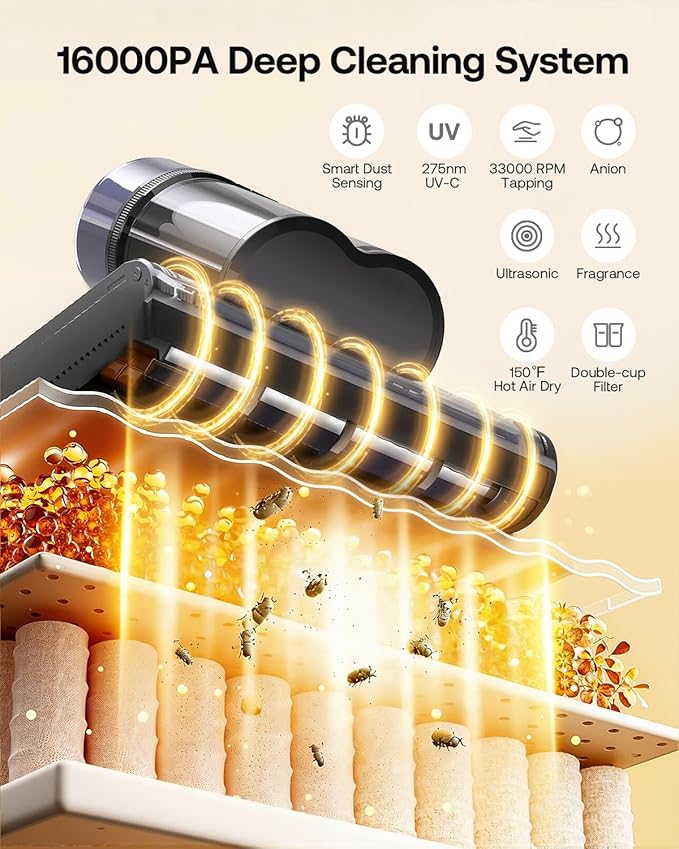 Trucozie Mattress Vacuum Cleaner with 275nm UV-C Light & 149℉ Heat, 16Kpa Powerful Suction Bed Vacuum for Pet Hair & Dander, Smart Dust Sensor, Anion & Aromatherapy, Corded for Bed, Sofa, Couch, Black