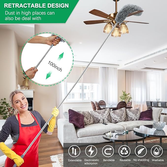 Microfiber Feather Duster with Extendable Pole, 100-inch Extra-Long Dusters Telescoping Cobweb Duster for Cleaning, Bendable and Washable Microfiber Head, Duster for High Ceiling, Fan, Furniture