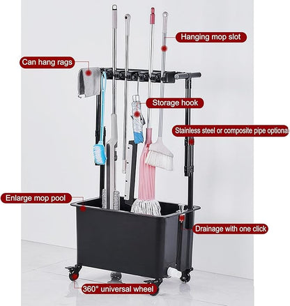 Mop Bucket and Broom Holder Cleaning Supplies Garden Tool Organizer Rack Cleaning Cart on Wheels Broom Storage Cabinet Freestanding Broom Closet for Garden Gara