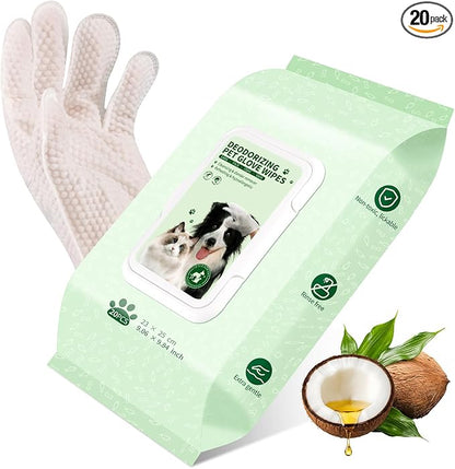 GLADFRESIT Pet Grooming Glove Wipes for Dogs & Cats, Hypoallergenic Deodorizing Cleansing Wipes with Coconut Oil & Botanical Extracts, 90 g Extra-Thick Gentle Wipes for Daily & Outdoor Care (20 Pcs)