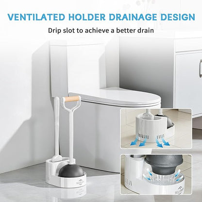 Sellemer 2 in 1 Toilet Brush and Plunger Set, Curved Design Head for Deep Clean, Heavy Duty Toilet Bowl Brush and Plunger Combo with Holder for Bathroom,White, 1 Pack