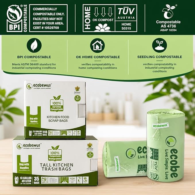 3 Gallon 100% Compostable Bags (125 Bags) Small Disposable Compost Trash Bags Food Scrap Garbage Bags US BPI Certified TUV OK Compost Home Certified Meeting ASTM D6400 (125 ct.)